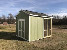 11x12 Gable shed with 5/12 roof pitch, screened porch, skylights and SmartSide wood siding built in Virginia by Sheds by Ken