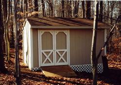 14x10 Ranch or Saltbox Shed with ramp, lattice and SmartSide wood siding built in Virginia by Sheds by Ken